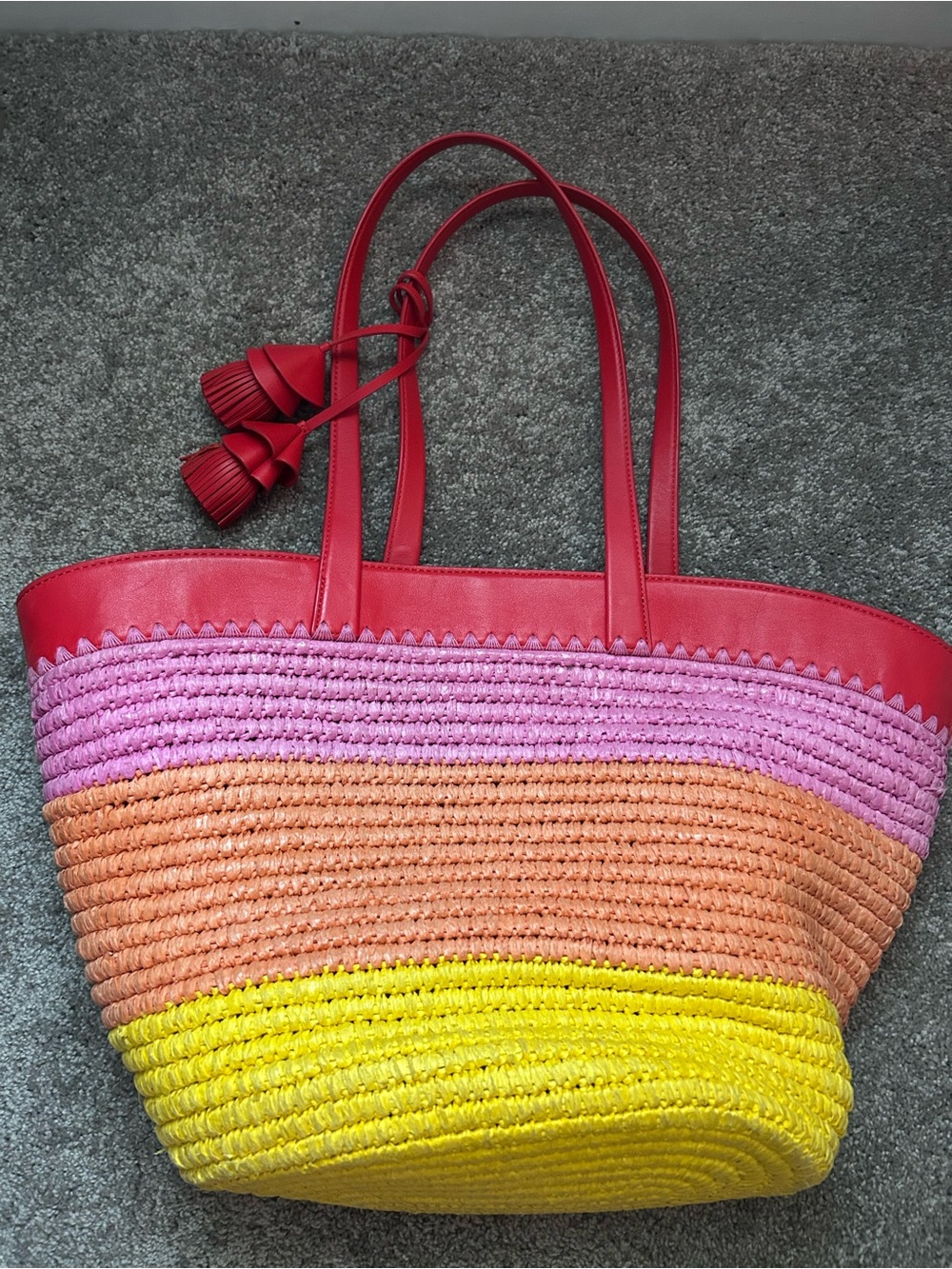 kate spade Pink, Peach & Yellow Woven Straw Tote with Red Trim and Tassels - Picture 3 of 4